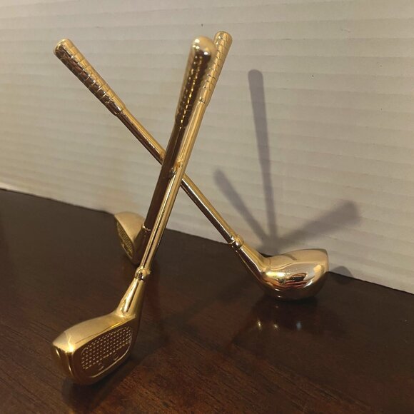 Mini Gold-Plated Golf Club Crossed Desk Business Card holder or Ornament - 4" - - Picture 3 of 8
